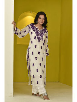 House of Chikankari - Chikankari Kota Straight Kurta with Inner (Set of 2)