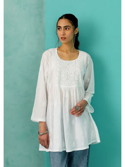 House of Chikankari - White Chikankari Cotton A-Line Short Kurti