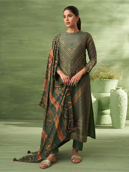 Saundh - Sitara Unstitched Dress Material Dark Green (Set of 3)