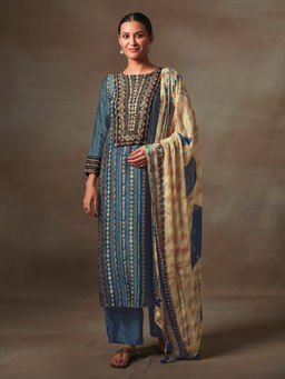 Saundh - Ila Unstitched Dress Material Blue (Set of 3)