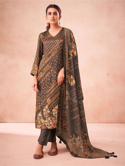 Saundh - Kalaa Unstitched Dress Material Brown (Set of 3)