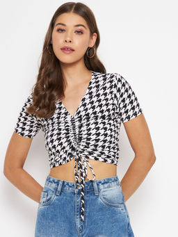 Uptownie - Stretchable Polyester Front Drawstring Ruched Crop Top Black