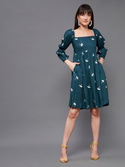 Miss Chase - Women's Multicolored-Base-Teal Floral Printed Above Knee Dress