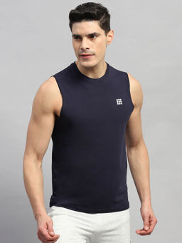Rock.it - Men's Navy Blue Solid Round Neck Sleeveless T-Shirt