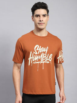 Rock.it - Men's Orange Printed Round Neck Half Sleeves Regular Fit T-Shirt