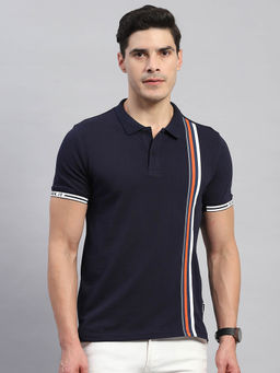 Rock.it - Men's Navy Blue Striped Polo Collar Half Sleeves Regular Fit T-Shirt