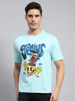 Rock.it - Men's Turquoise Blue Printed Round Neck Half Sleeves Regular Fit T-Shirt
