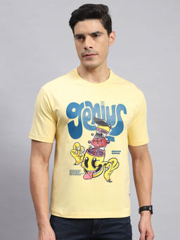 Rock.it - Men's Yellow Printed Round Neck Half Sleeves Regular Fit T-Shirt