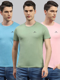 Monte Carlo - Men's Green & Blue & Light Pink Solid Round Neck T-Shirts (Pack of 3)