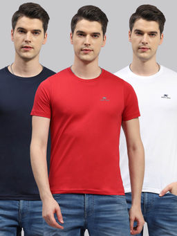 Monte Carlo - Men's Navy Blue & White & Red Solid Round Neck T-Shirts (Pack of 3)