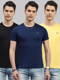 Monte Carlo - Men's Navy Blue & Black & Yellow Solid Round Neck T-Shirts (Pack of 3)