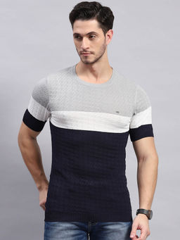Monte Carlo - Men's Navy Blue Textured Round Neck Half Sleeves T-Shirt