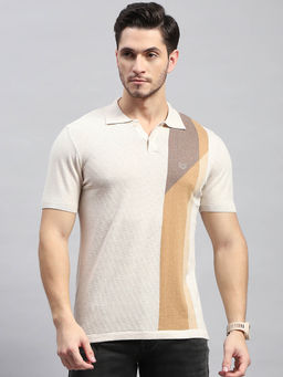 Monte Carlo - Men's Beige Colorblock Polo Collar Half Sleeves T-Shirt