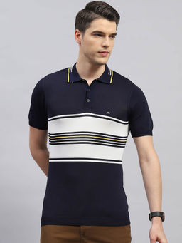 Monte Carlo - Men's Navy Blue Striped Polo Neck Half Sleeves Regular Fit T-Shirt