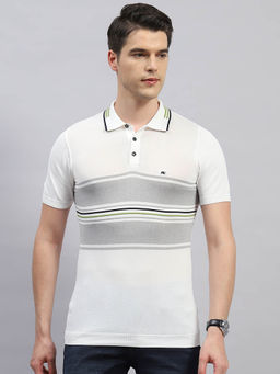 Monte Carlo - Men's White Striped Polo Neck Half Sleeves Regular Fit T-Shirt