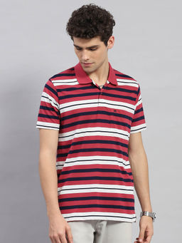 Monte Carlo - Men's Red Striped Polo Neck Half Sleeves T-shirt
