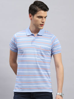 Monte Carlo - Men's Sky Blue Striped Polo Neck Half Sleeves Regular Fit T-Shirt