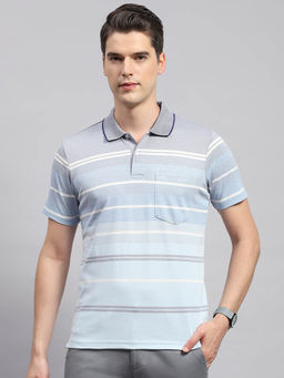 Monte Carlo - Men's Sky Blue Striped Collar Neck Half Sleeves Regular Fit T-Shirt