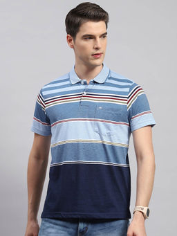 Monte Carlo - Men's Blue Striped Collar Neck Half Sleeves Regular Fit T-Shirt