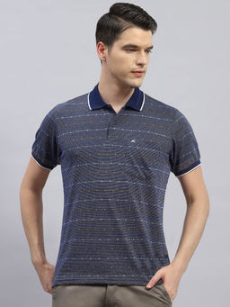 Monte Carlo - Men's Navy Blue Striped Polo Neck Half Sleeves Regular Fit T-Shirt