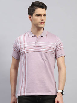 Monte Carlo - Men's Peach Striped Polo Neck Half Sleeves Regular Fit T-Shirt