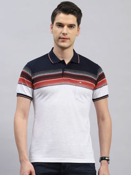 Monte Carlo - Men's White Striped Polo Neck Half Sleeves Regular Fit T-Shirt