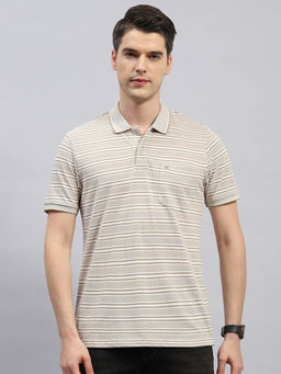 Monte Carlo - Men's Beige Striped Polo Neck Half Sleeves Regular Fit T-Shirt