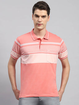 Monte Carlo - Men's Pink Striped Collar Neck Half Sleeves Regular Fit T-Shirt