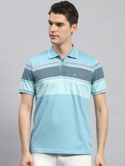 Monte Carlo - Men's Sky Blue Striped Polo Neck Half Sleeves Regular Fit T-Shirt