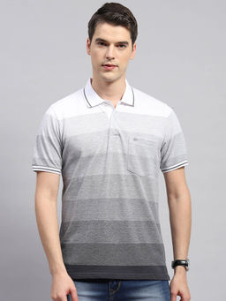 Monte Carlo - Men's Grey Striped Polo Neck Half Sleeves Regular Fit T-Shirt