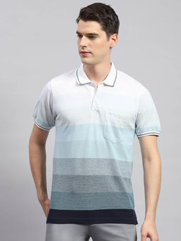 Monte Carlo - Men's Sky Blue Striped Polo Neck Half Sleeves Regular Fit T-Shirt