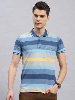 Monte Carlo - Men's Light Blue Striped Polo Neck Half Sleeves Regular Fit T-Shirt