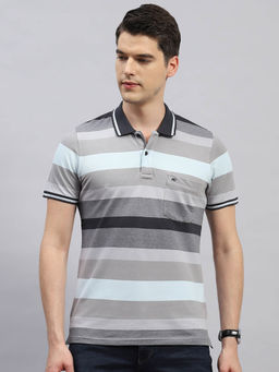 Monte Carlo - Men's Grey Striped Polo Neck Half Sleeves Regular Fit T-Shirt