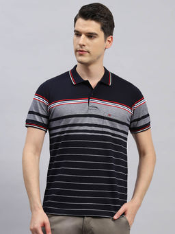 Monte Carlo - Men's Navy Blue Striped Polo Neck Half Sleeves Regular Fit T-Shirt