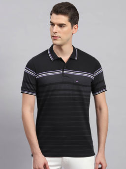 Monte Carlo - Men's Black Striped Collar Neck Half Sleeves Regular Fit T-Shirt
