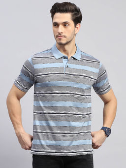 Monte Carlo - Men's Striped Sky Blue Polo Neck Half Sleeves Regular Fit T-Shirt