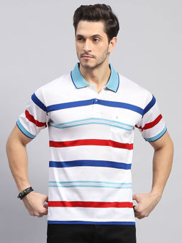 Monte Carlo - Men's Striped White Polo Neck Half Sleeves Regular Fit T-Shirt