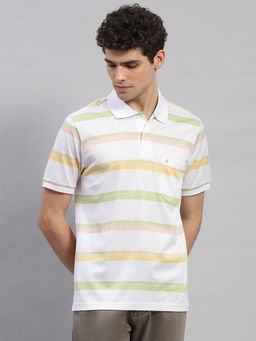 Monte Carlo - Men's White Striped Polo Neck Half Sleeves T-shirt