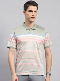 Monte Carlo - Men's Multicolour Striped Polo Neck Half Sleeves Regular Fit T-Shirt
