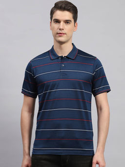 Monte Carlo - Men's Navy Blue Striped Polo Neck Half Sleeves Regular Fit T-Shirt