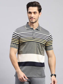 Monte Carlo - Men's Striped Grey Polo Neck Half Sleeves Regular Fit T-Shirt