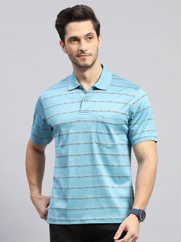 Monte Carlo - Men's Striped Sky Blue Polo Neck Half Sleeves Regular Fit T-Shirt