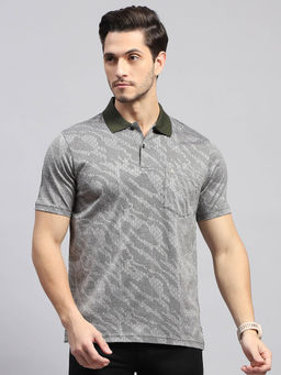 Monte Carlo - Men's Printed Grey Polo Neck Half Sleeves Regular Fit T-Shirt