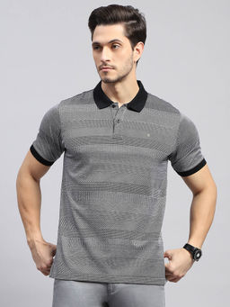 Monte Carlo - Men's Self Design Black Polo Neck Half Sleeves Regular Fit T-Shirt