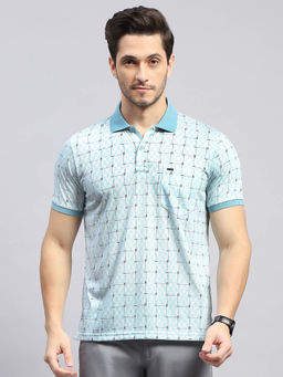 Monte Carlo - Men's Self Design Sky Blue Polo Neck Half Sleeves Regular Fit T-Shirt