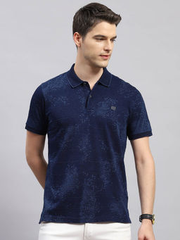 Monte Carlo - Men's Navy Blue Printed Polo Neck Half Sleeves Regular Fit T-Shirt