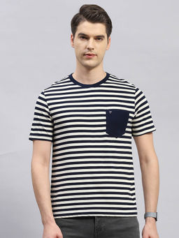 Monte Carlo - Men's Navy Blue Striped Round Neck Half Sleeves Regular Fit T-Shirt