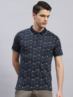 Monte Carlo - Men's Navy Blue Printed Polo Neck Half Sleeves Regular Fit T-Shirt