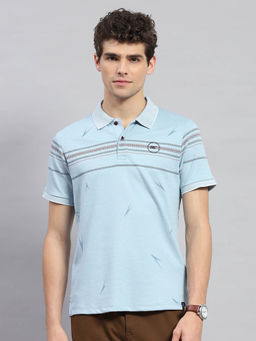 Monte Carlo - Men's Sky blue Printed Polo Neck Half Sleeves T-shirt