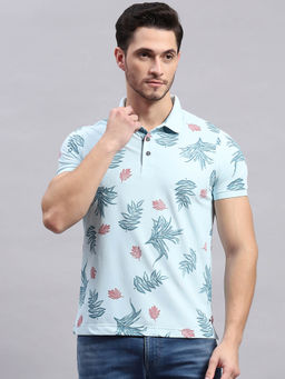 Monte Carlo - Men's Sky Blue Printed Polo Collar Half Sleeves T-Shirt